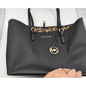 Michael Kors Black Leopard Animal Print Medium MF Tote Leather Bag Handbag PT2